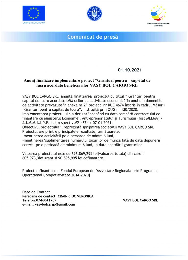 Comunicat de presă VASY BOL CARGO SRL