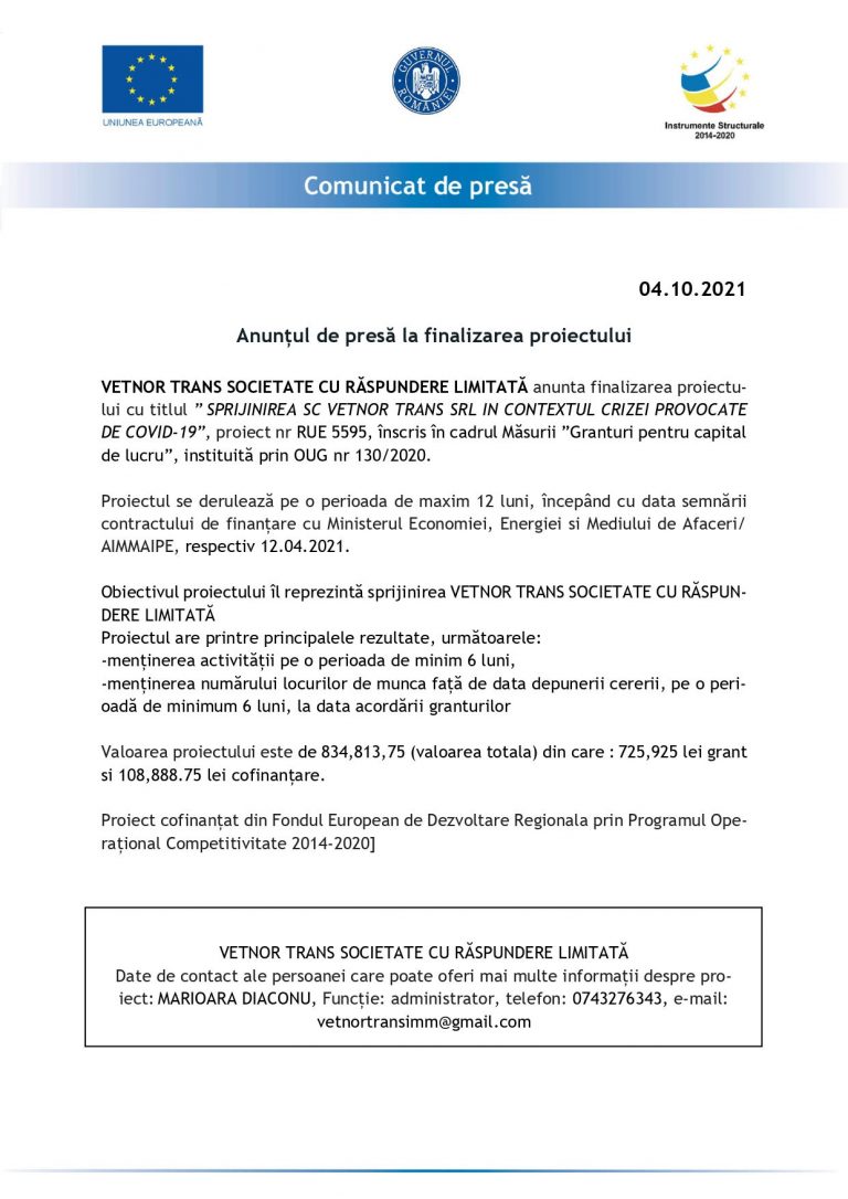 Comunicat de presă VETNOR TRANS SOCIETATE CU RĂSPUNDERE LIMITATĂ