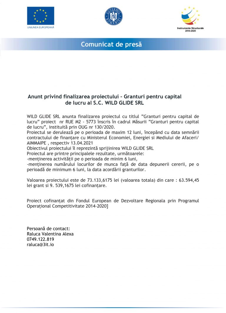 Comunicat de presa WILD GLIDE SRL