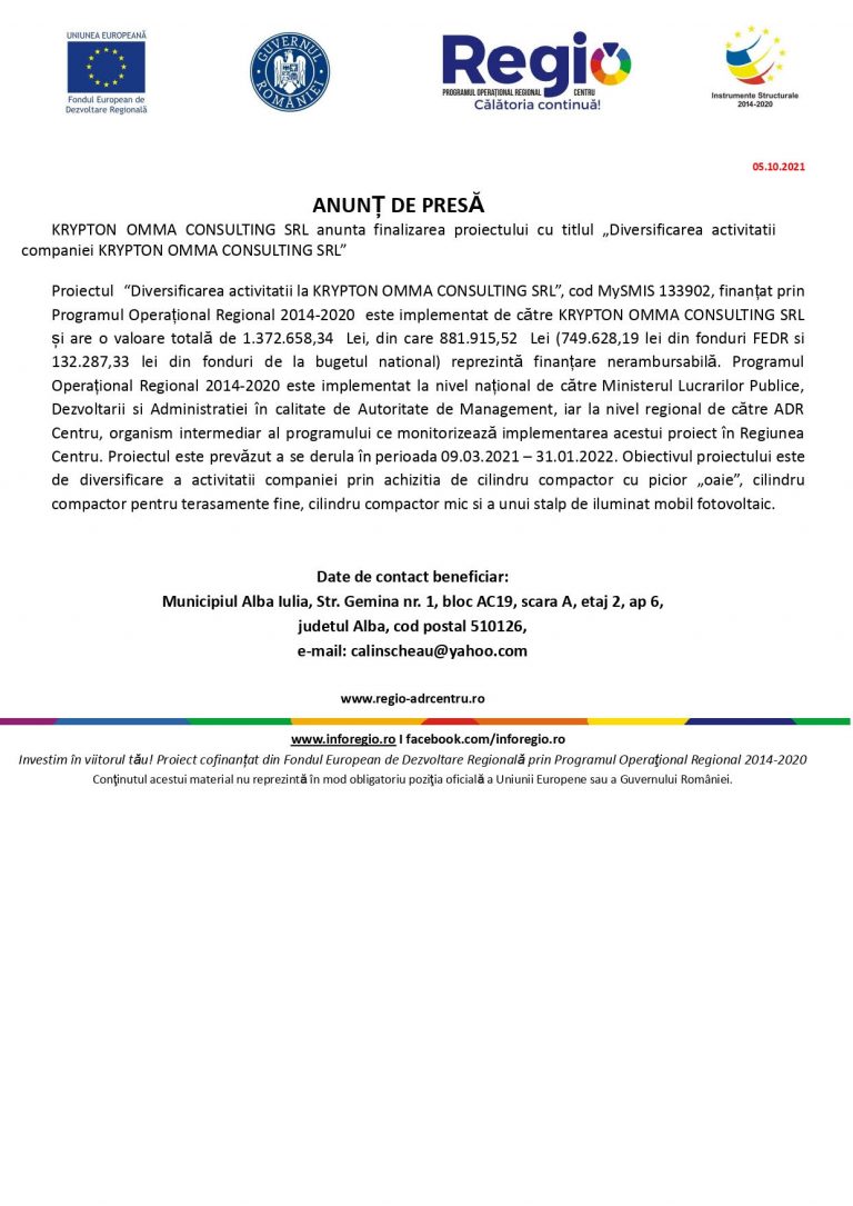 Comunicat de presă KRYPTON OMMA CONSULTING SRL