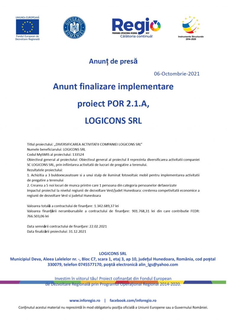 Comunicat de presă LOGICONS SRL