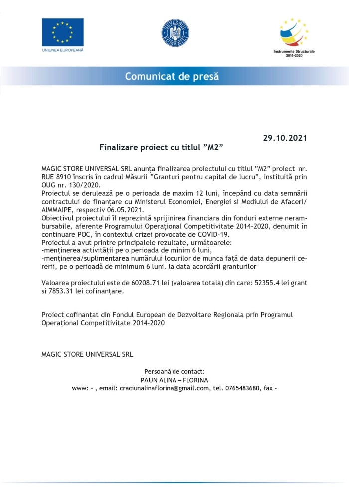 Finalizare proiect cu titlul ”M2”