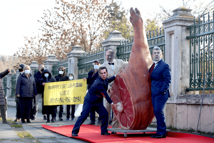 Protest chiar în timpul audierii miniștrilor. Au venit la Parlament cu un ciolan uriaș și măști cu Iohannis, Ciolacu și Cîțu - VIDEO