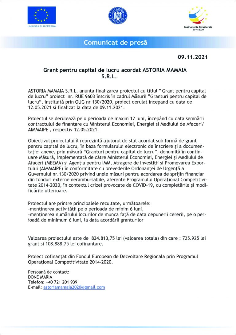 Comunicat de presă ASTORIA MAMAIA S.R.L.