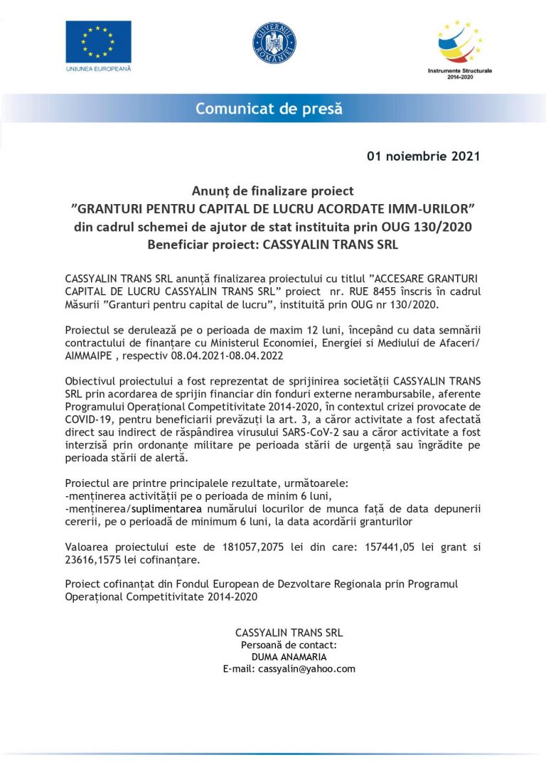 Comunicat de presă CASSYALIN TRANS SRL