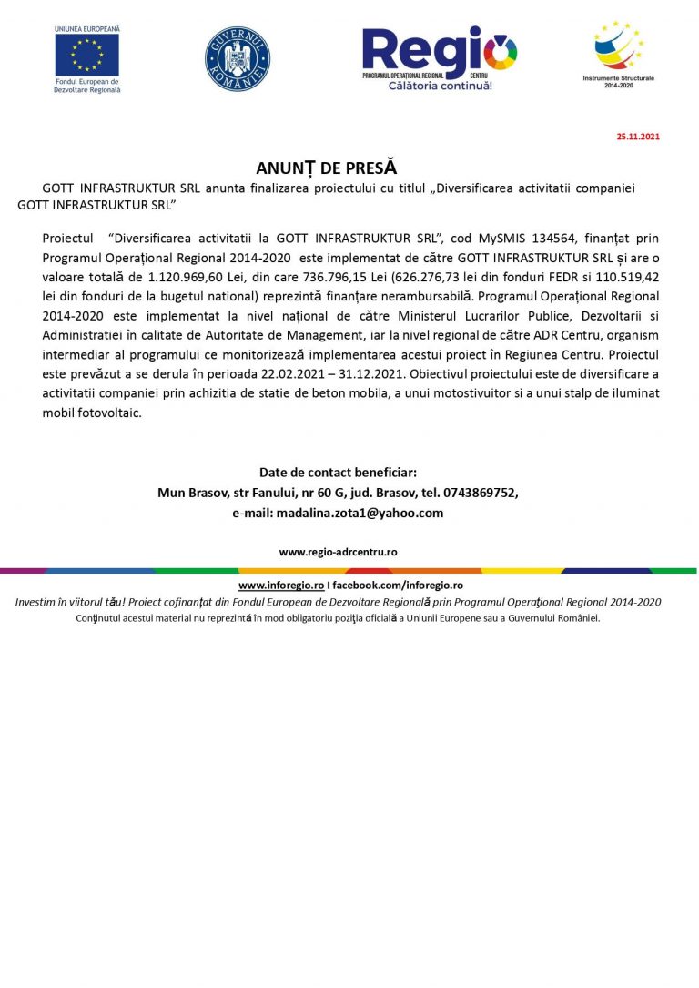 Comunicat de presă GOTT INFRASTRUKTUR SRL
