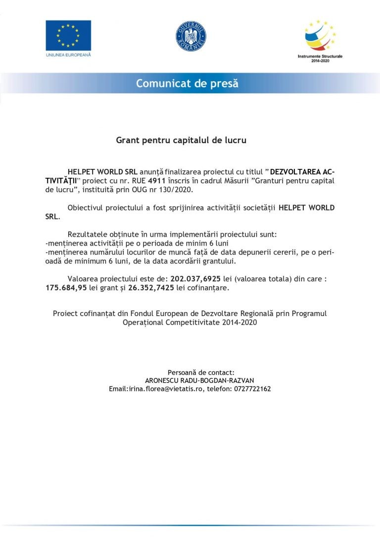 Comunicat de presă HELPET WORLD SRL