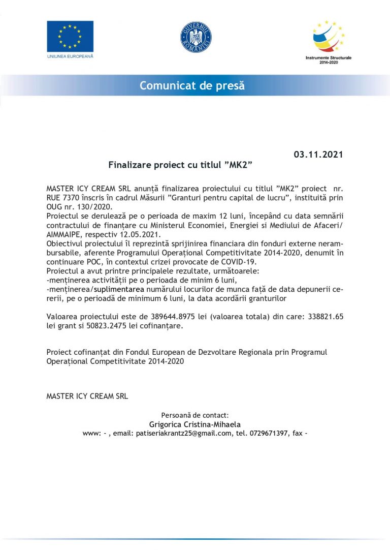 Comunicat de presă MASTER ICY CREAM SRL