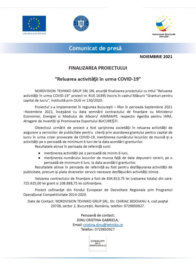 Comunicat de presă NORDVISION TEHNIKO GRUP SRL