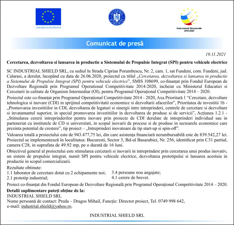 Comunicat de presa SC INDUSTRIAL SHIELD SRL