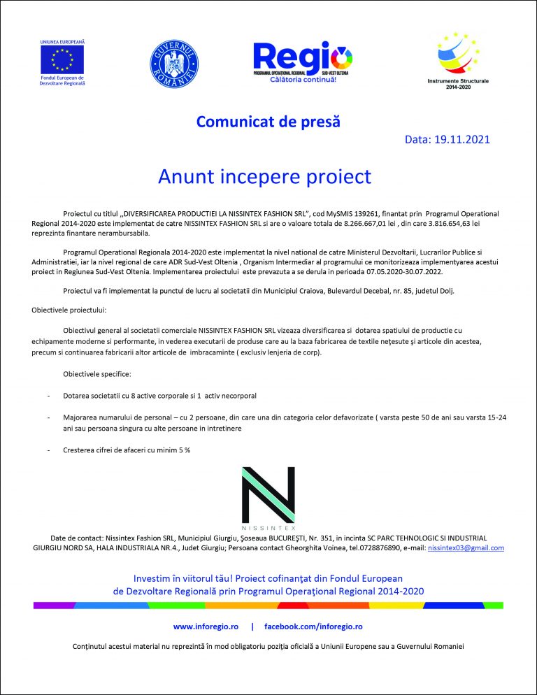 Comunicat de presă Nissintex Fashion SRL