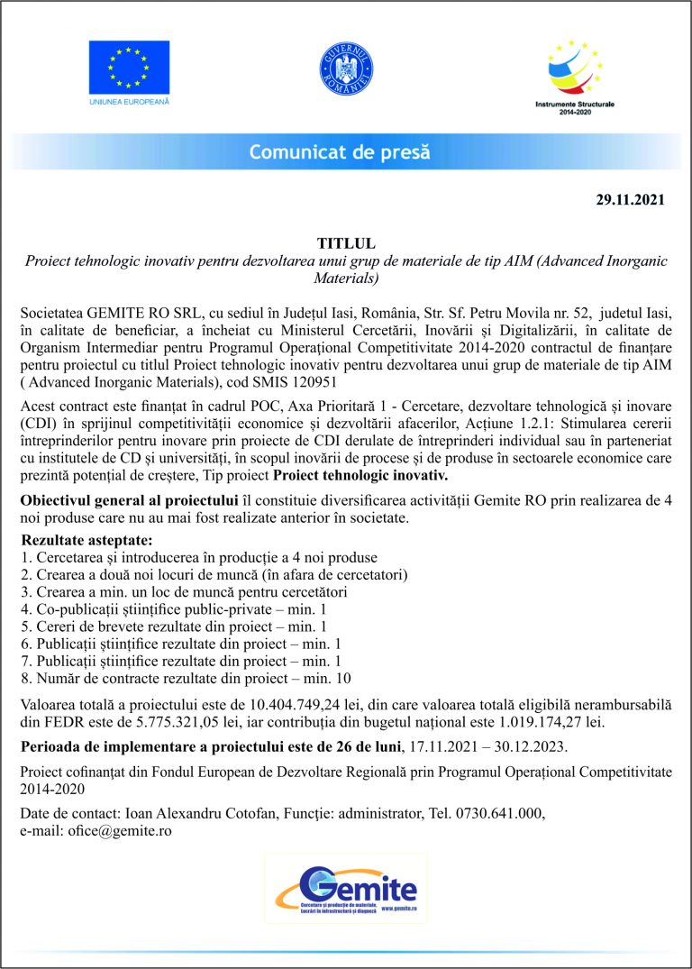 Comunicat de presa GEMITE RO SRL