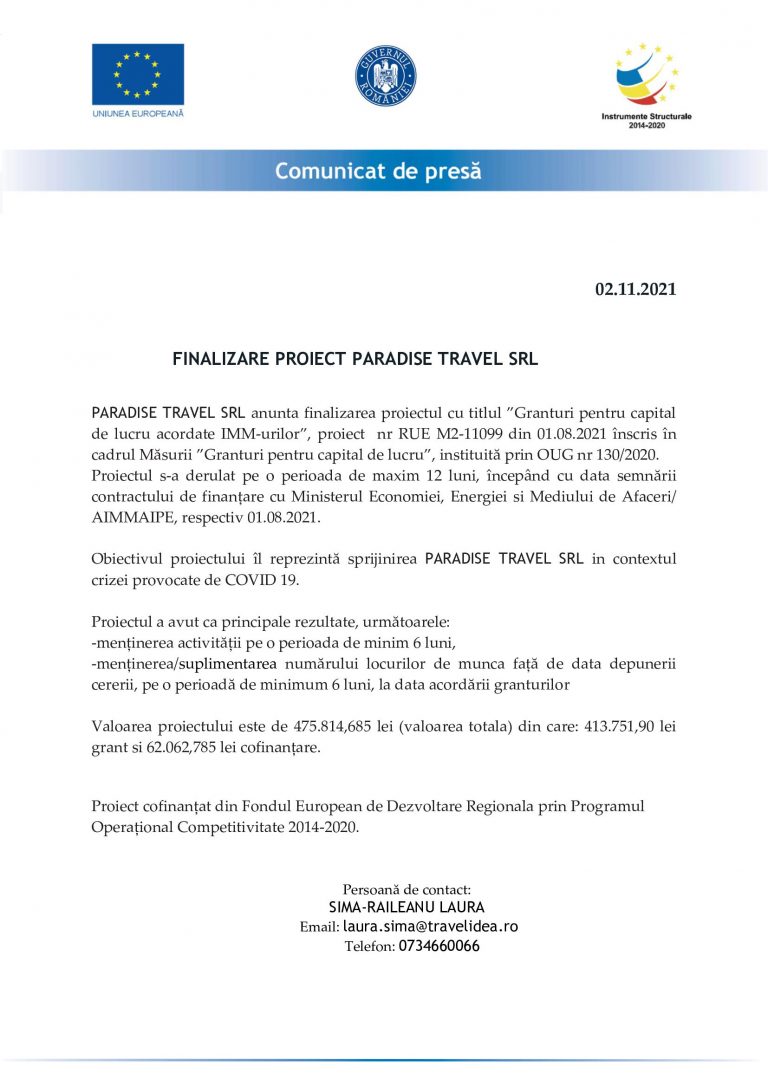 Comunicat de presă PARADISE TRAVEL SRL
