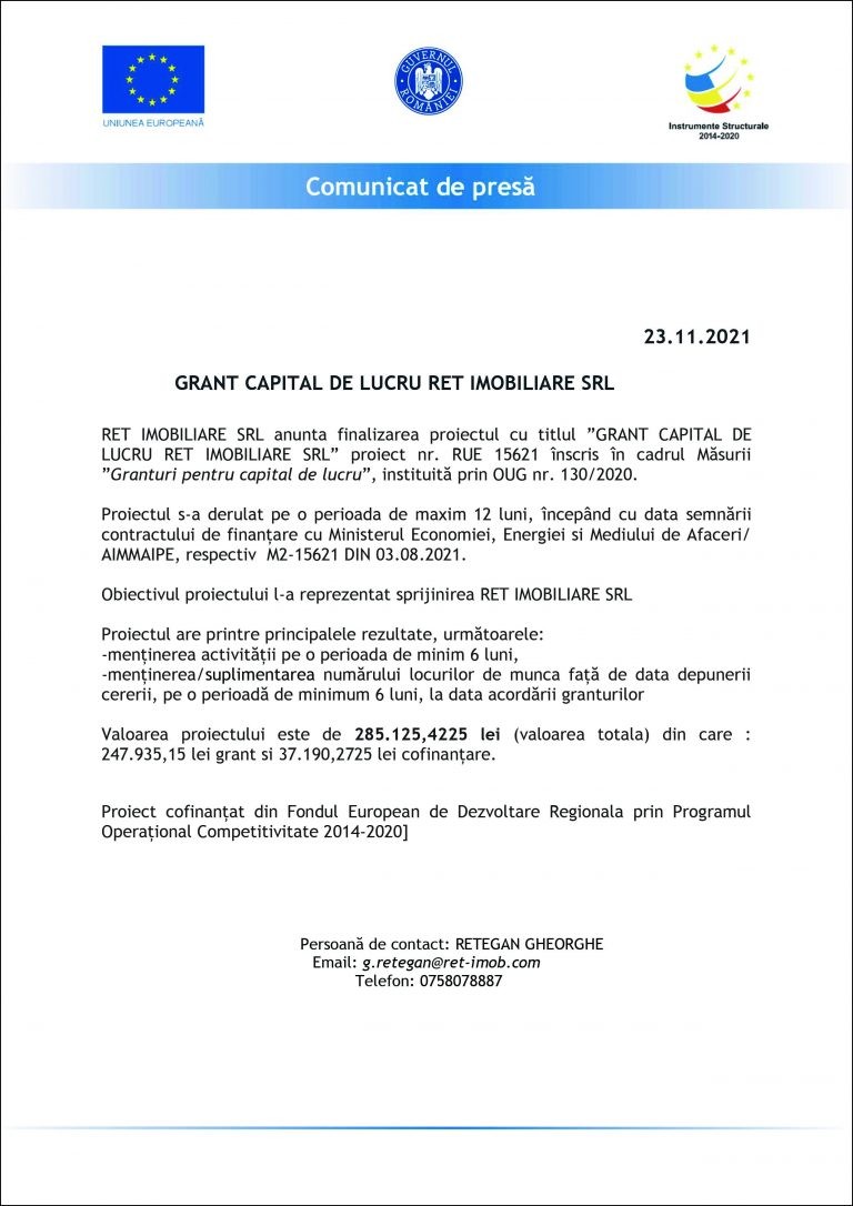 Comunicat de presa RET IMOBILIARE SRL