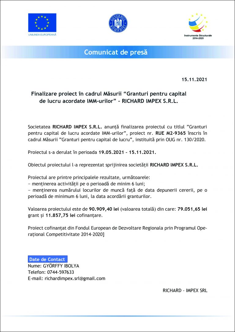 Comunicat de presă RICHARD IMPEX S.R.L