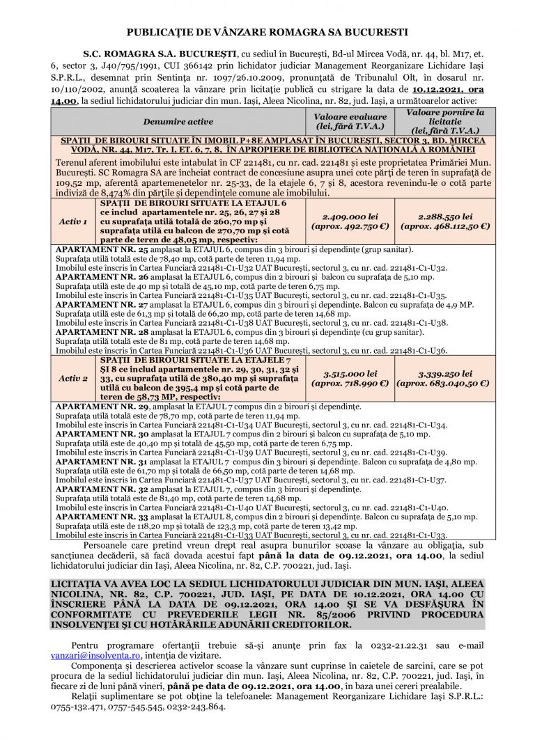 Comunicat de presa ROMAGRA SA