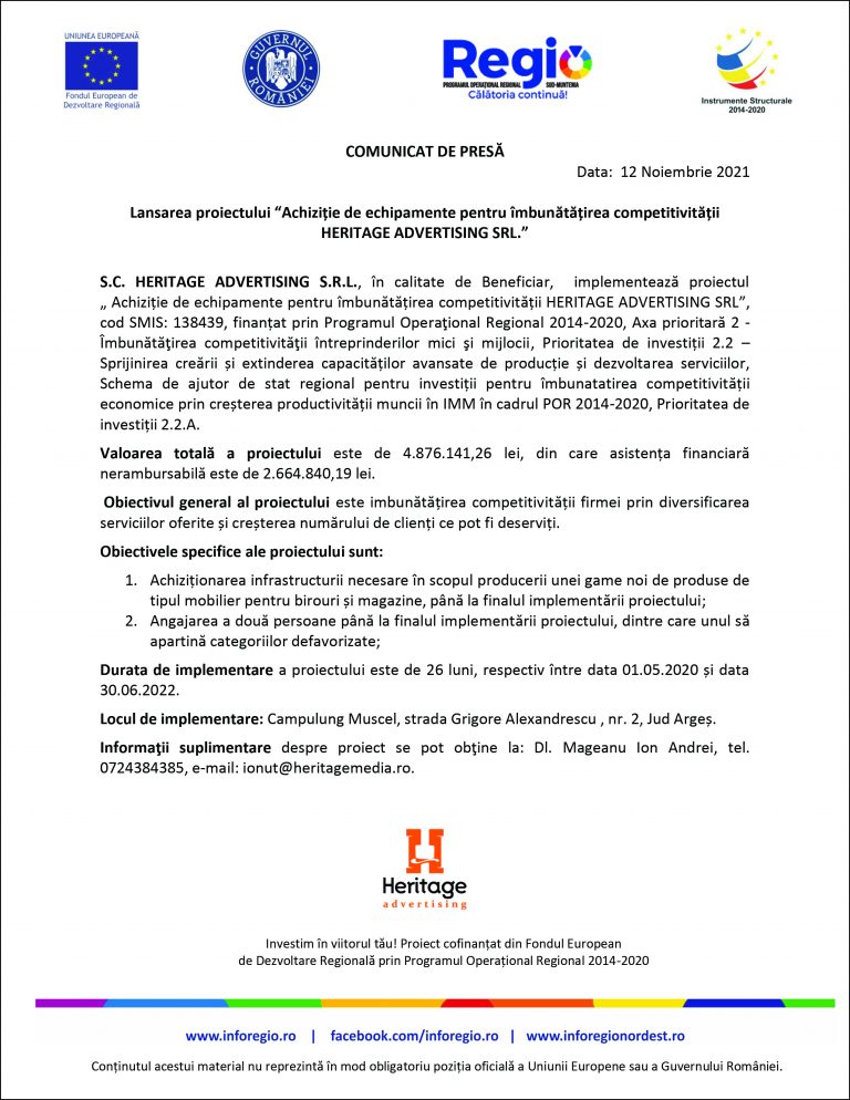 Comunicat de presă S.C. HERITAGE ADVERTISING S.R.L.