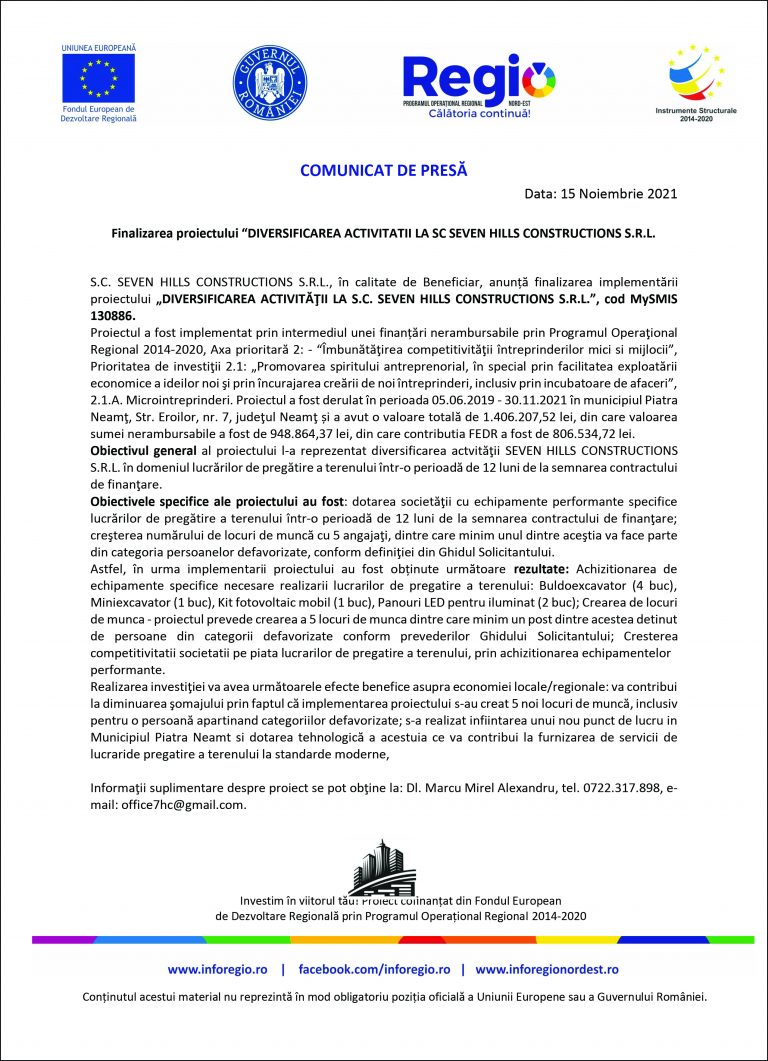 Comunicat de presă S.C. SEVEN HILLS CONSTRUCTIONS S.R.L