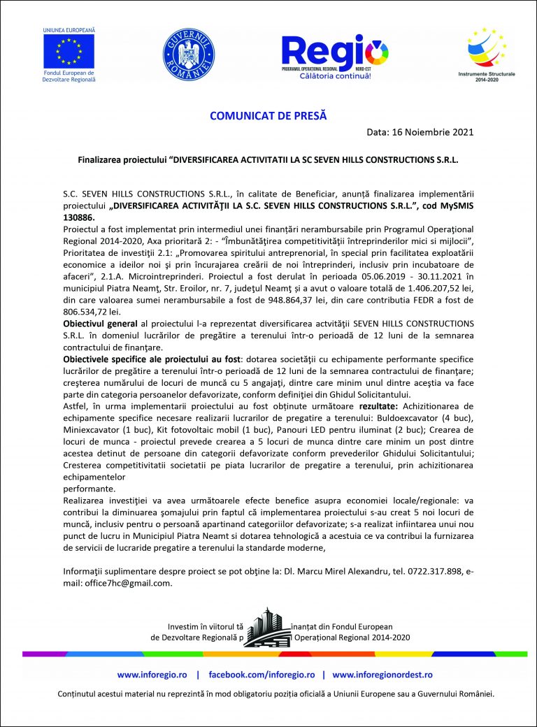 Comunicat de presă S.C. SEVEN HILLS CONSTRUCTIONS S.R.L