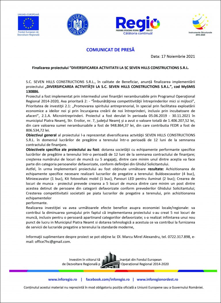 Comunicat de presă S.C. SEVEN HILLS CONSTRUCTIONS S.R.L