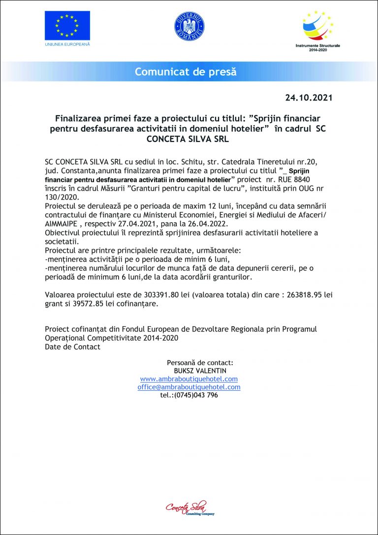 Comunicat de presa SC CONCETA SILVA SRL