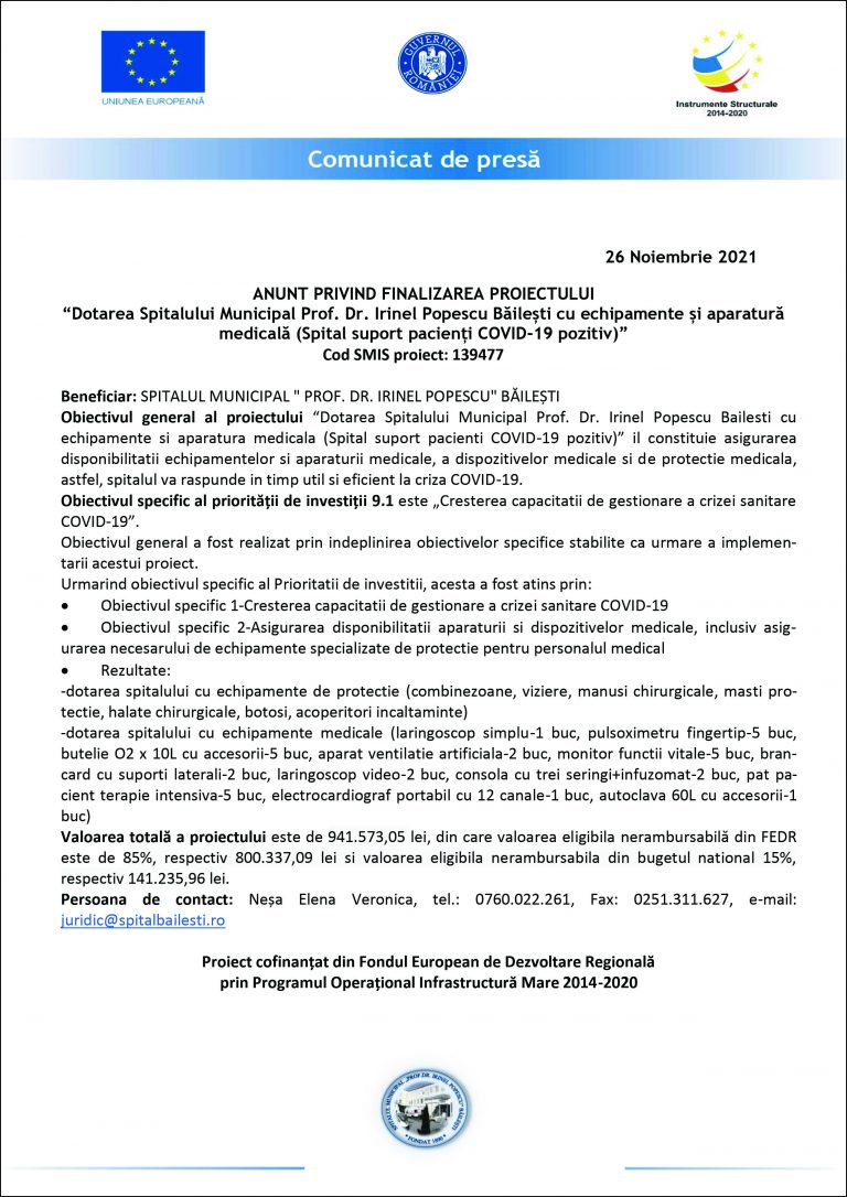Comunicat de presă SPITALUL MUNICIPAL PROF. DR. IRINEL POPESCU BĂILEȘTI