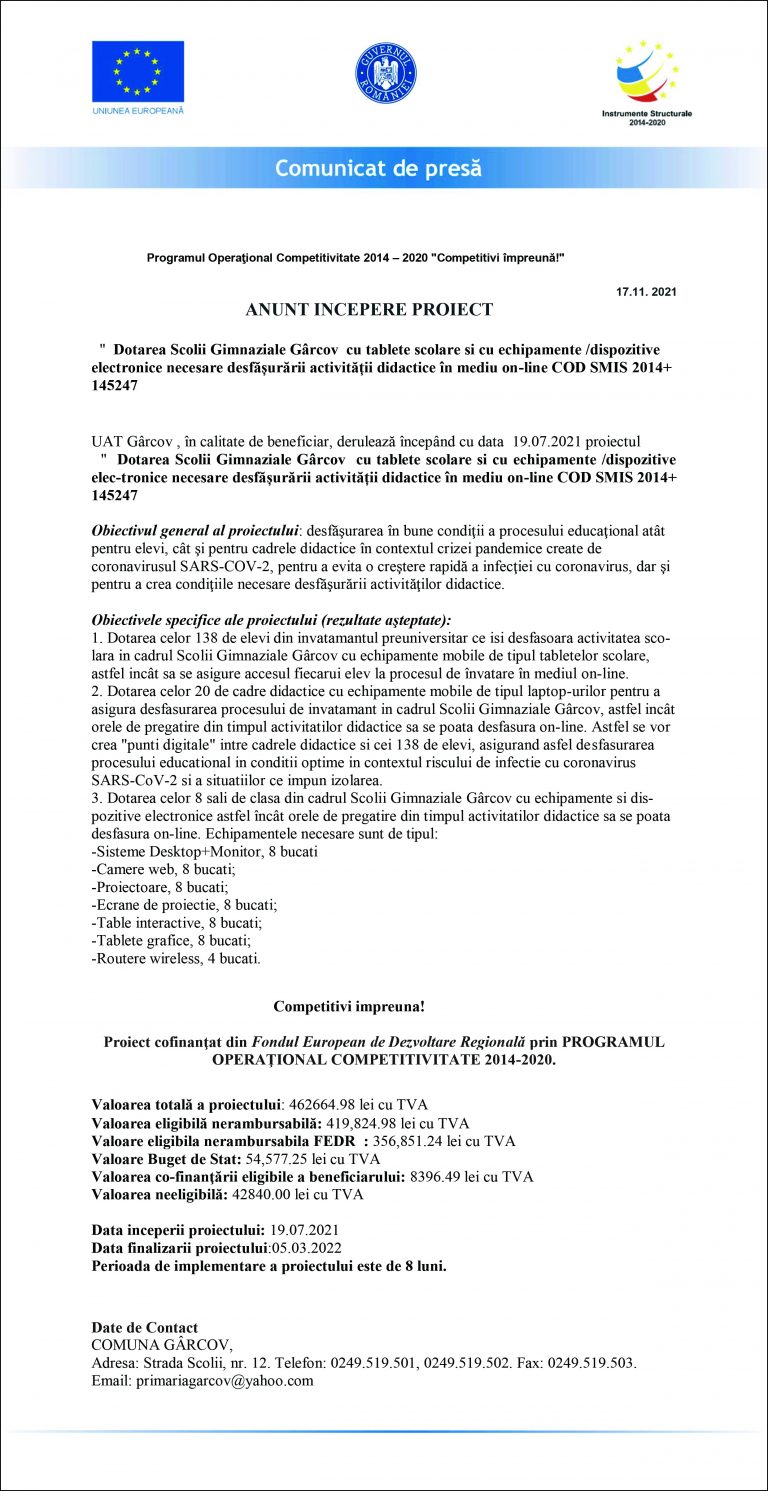 Anunt incepere proiect UAT Gârcov
