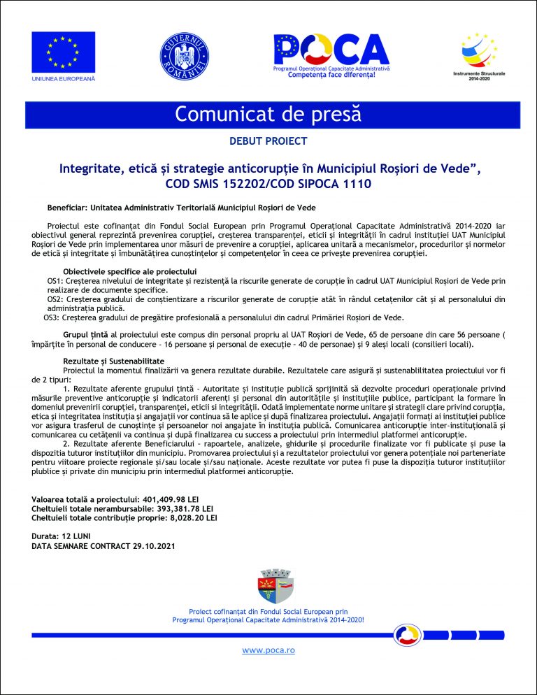 Comunicat de presa Unitatea Administrativ Teritorială Municipiul Roșiori de Vede
