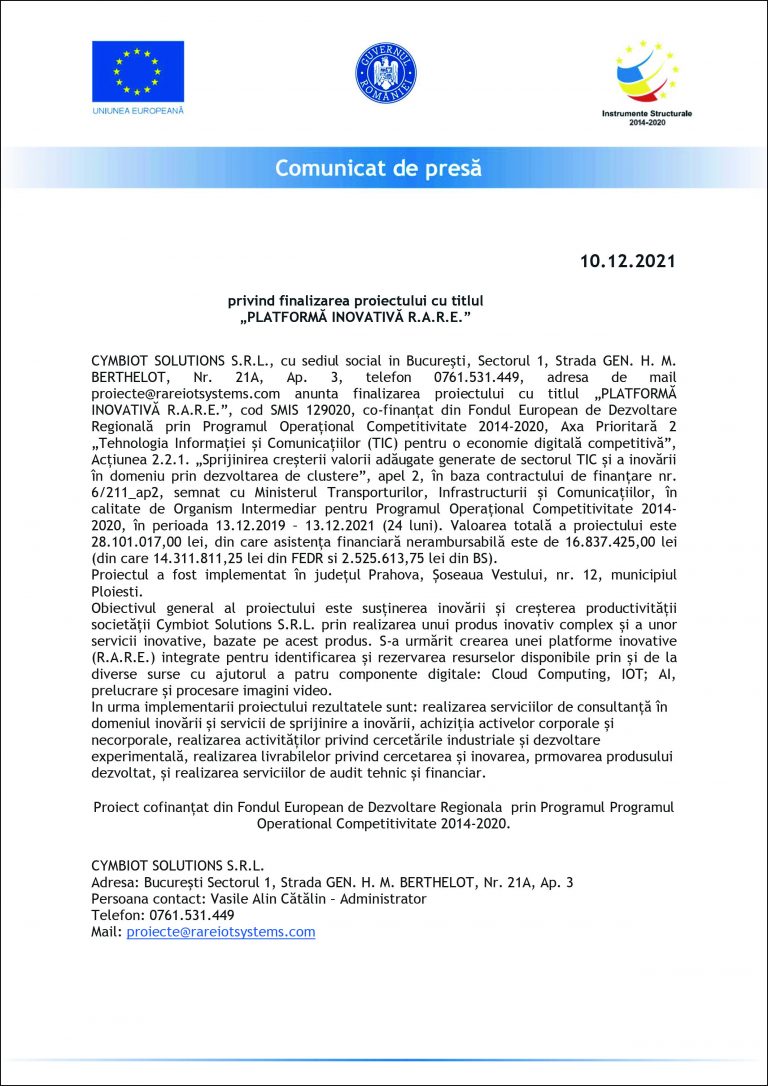 Comunicat de presă CYMBIOT SOLUTIONS S.R.L.