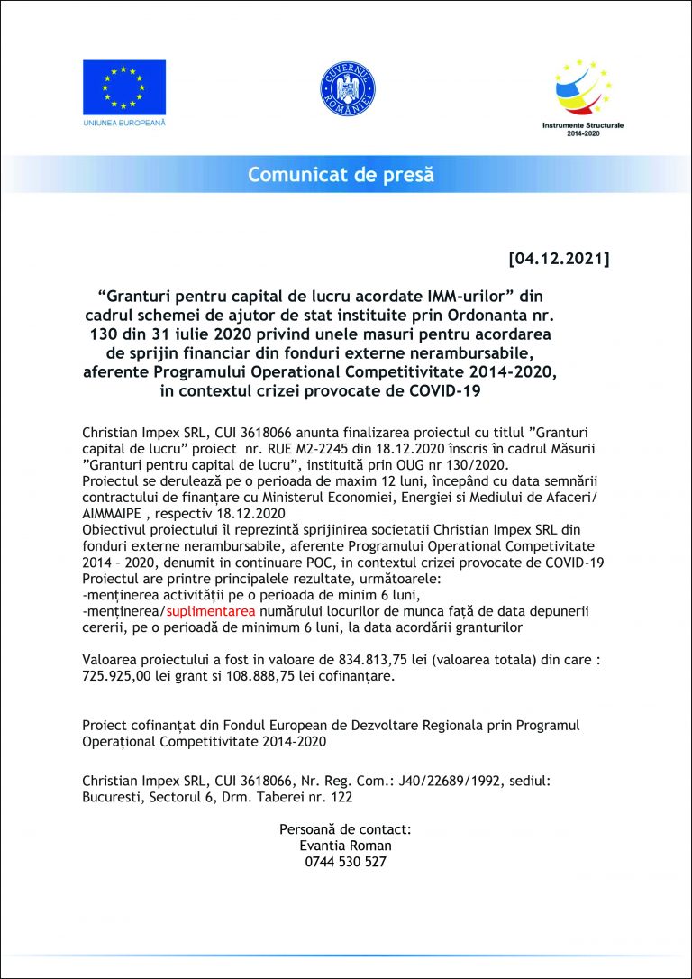 Comunicat de presă Christian Impex SRL