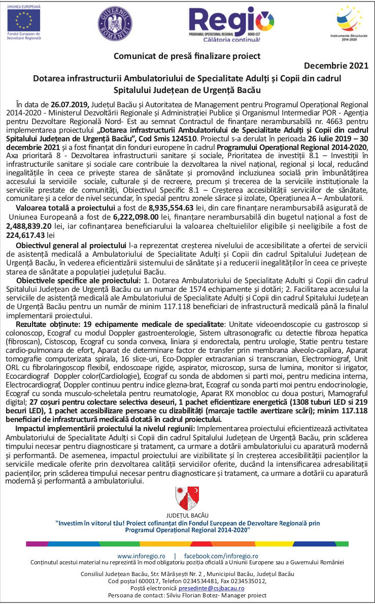 Comunicat de presă Spitalul Județean de Urgență Bacău
