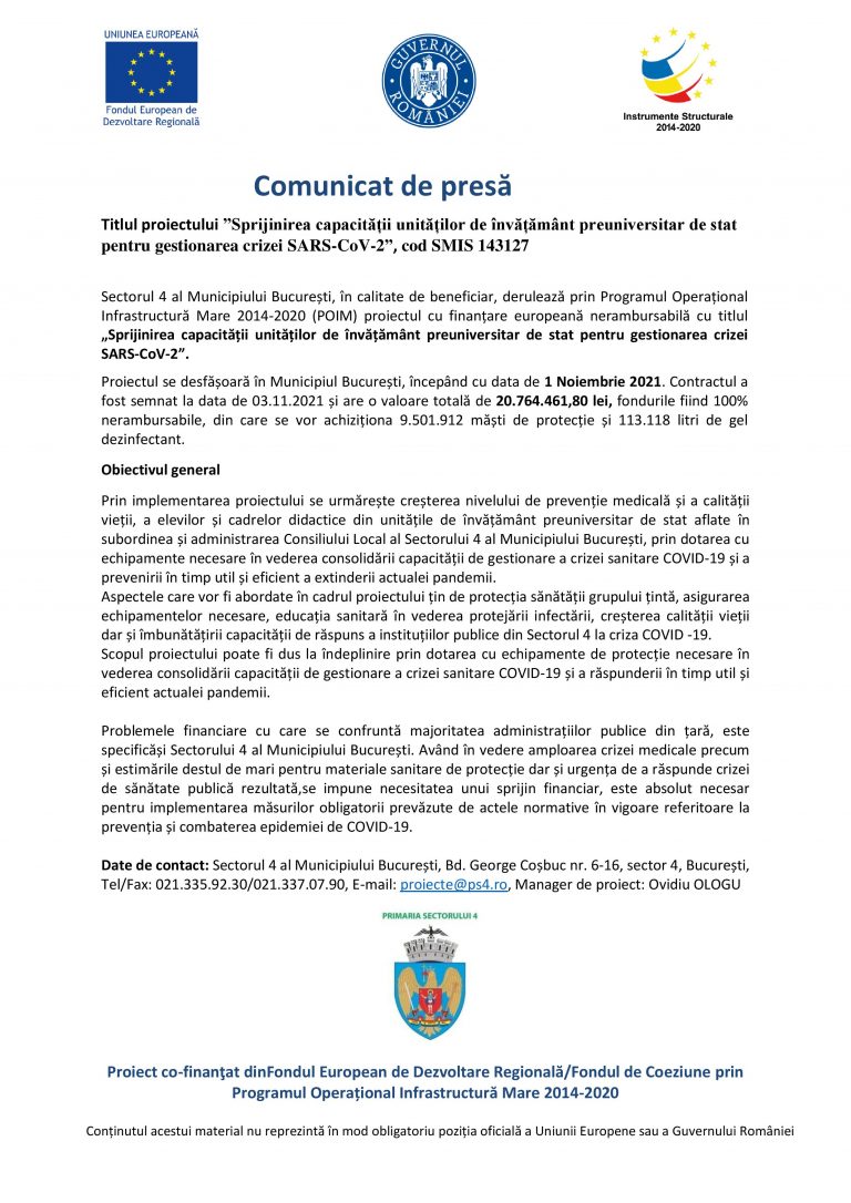 Comunicat de presă: Titlul proiectului ”Sprijinirea capacității unităților de învățământ preuniversitar de stat pentru gestionarea crizei SARS-CoV-2”, cod SMIS 143127