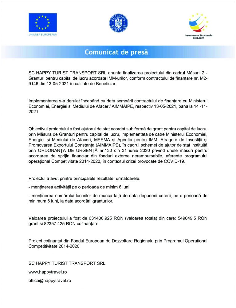 Comunicat de presă SC HAPPY TURIST TRANSPORT SRL