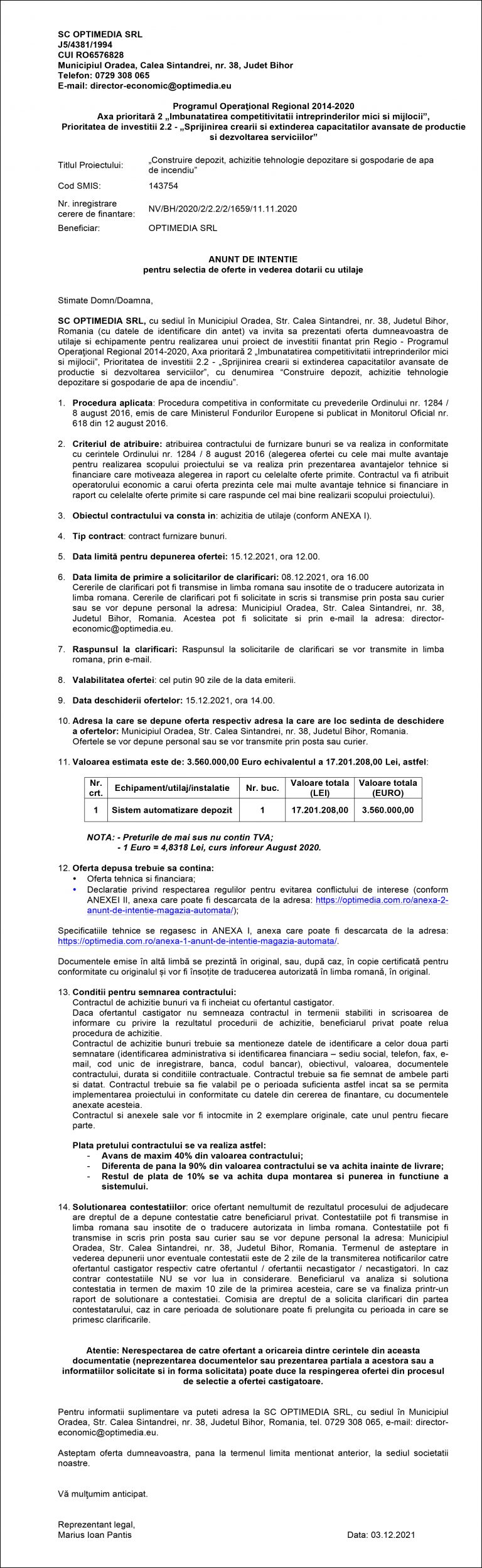 Anunț de intenție SC OPTIMEDIA SRL