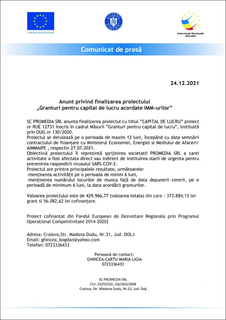 Comunicat de presă SC PROMEDIA SRL