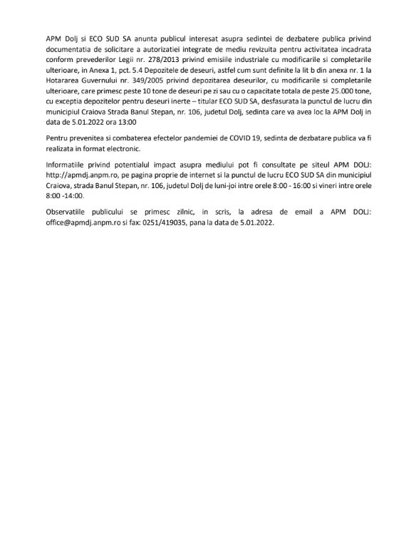 Anunț mica publicitate ECO SUD SA