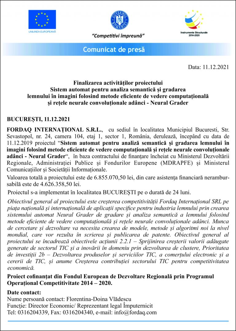 Comunicat de presă FORDAQ INTERNAȚIONAL S.R.L.