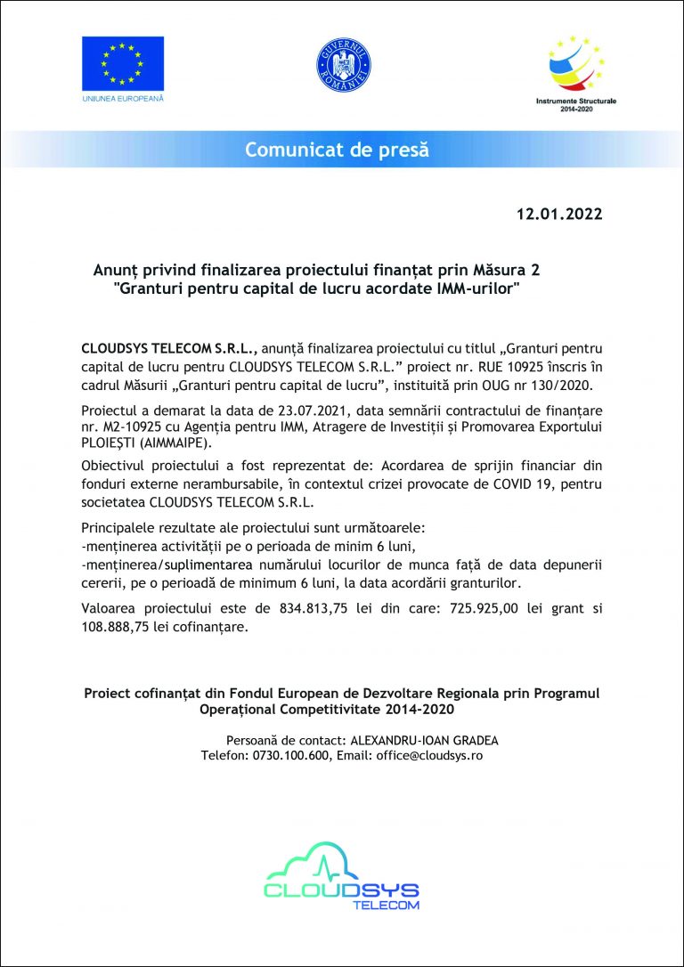 Comunicat de presa CLOUDSYS TELECOM S.R.L.