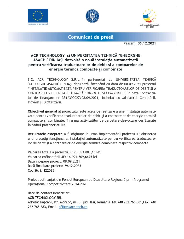 Comunicat de presa ACR TECHNOLOGY SRL (11.01.2022)
