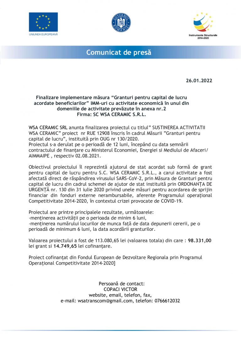 Comunicat de presă WSA CERAMIC SRL