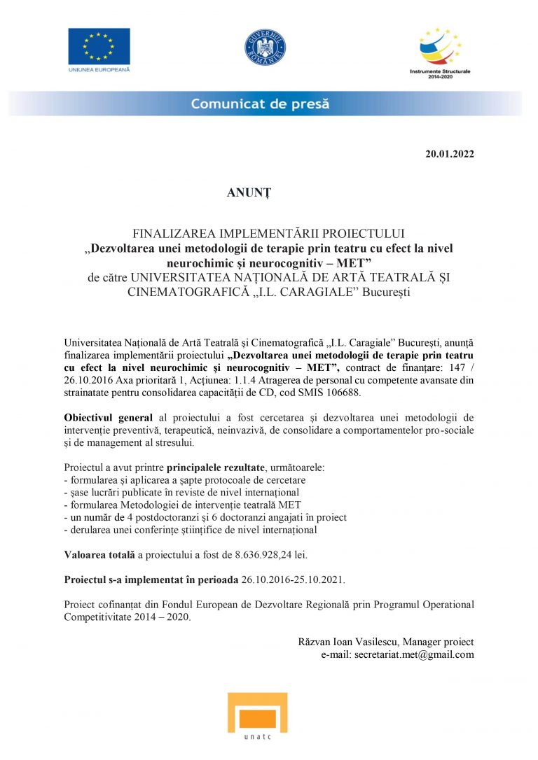 Comunicat de presă UNATC I.L. Caragiale, Bucuresti