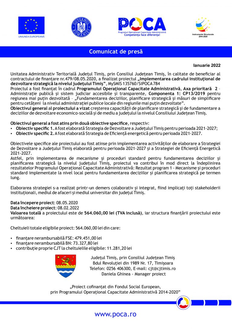 Comunicat de presă Unitatea Administrativ Teritoriala Judetul Timis
