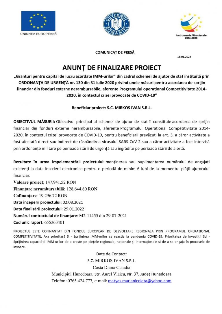 Comunicat de presa MIRKOS IVAN SRL