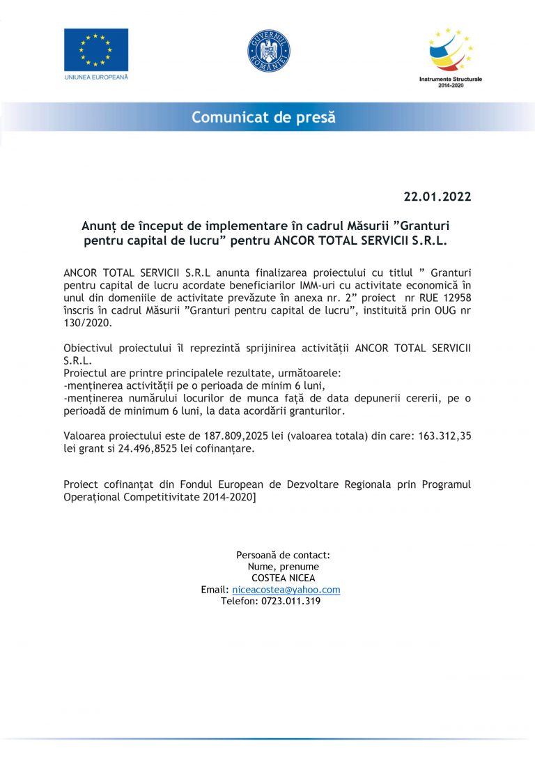 Comunicat de presă Ancor Total Servicii SRL