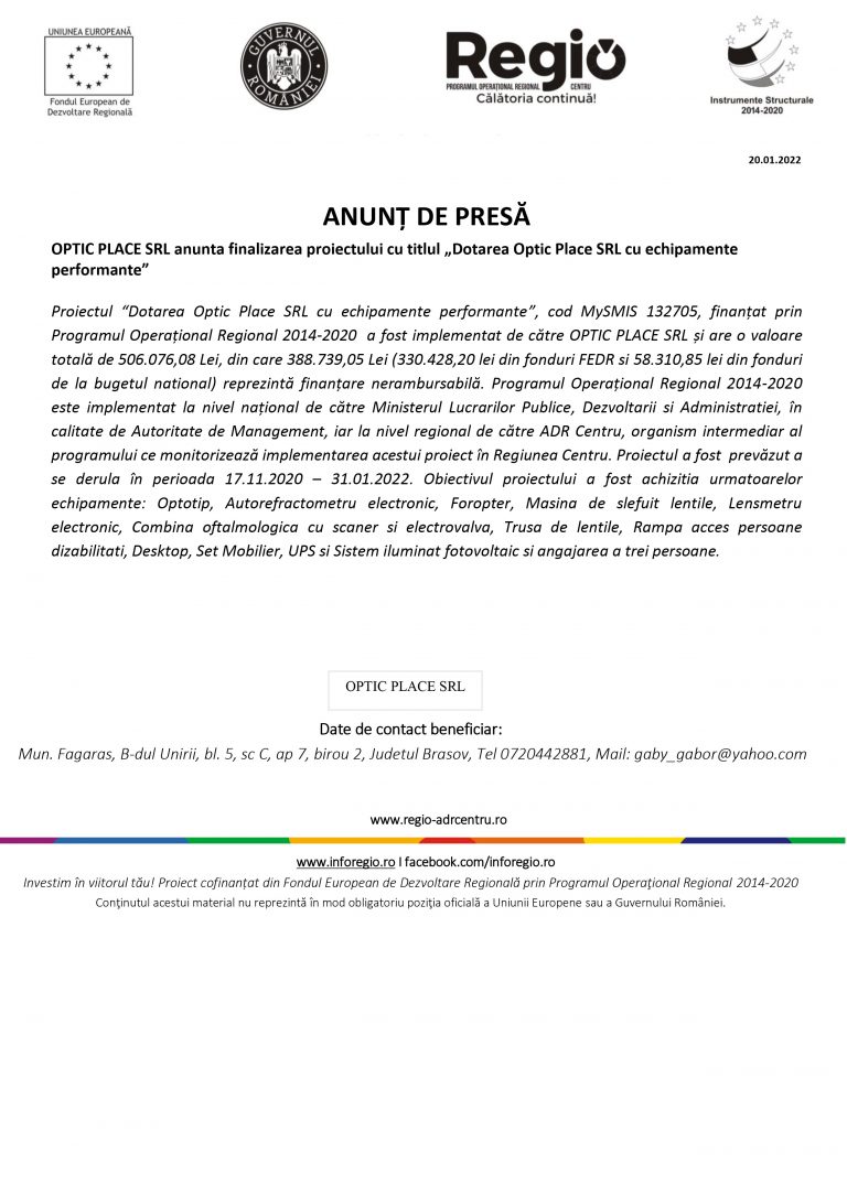 Comunicat de presă OPTIC PLACE SRL