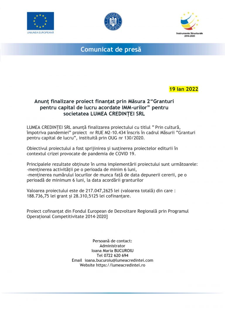 Comunicat de presă Lumea Credintei SRL