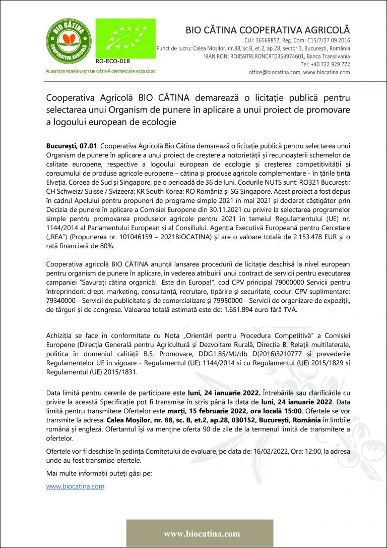 Licitație publică Cooperativa Agricolă BIO CĂTINA