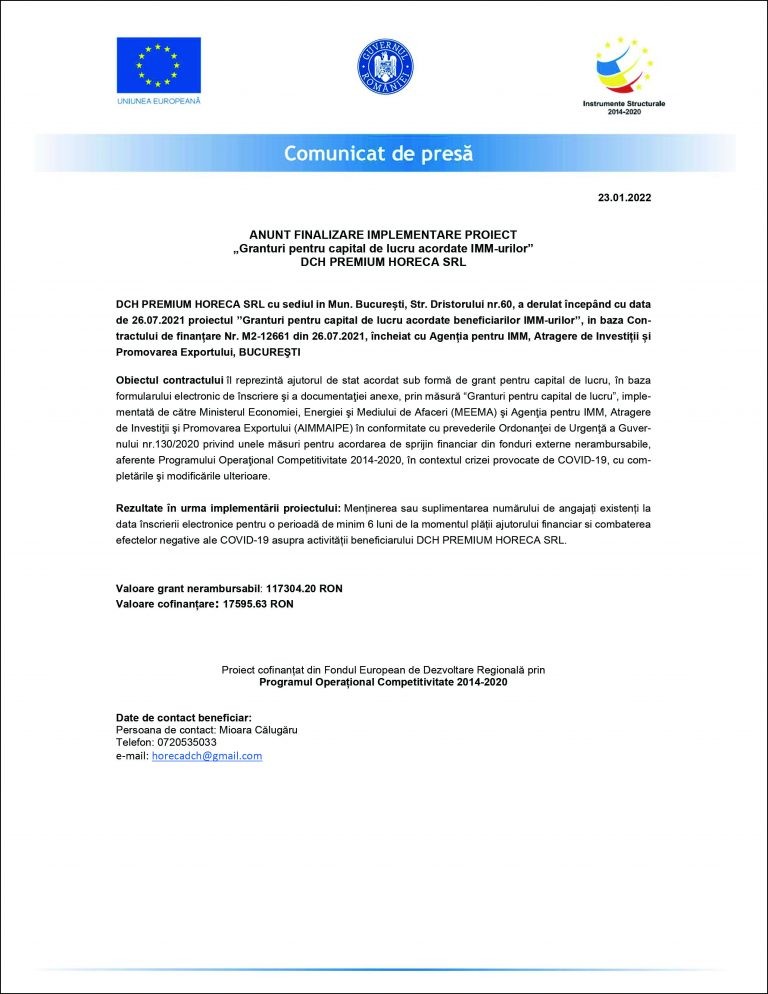 Comunicat de presă DCH PREMIUM HORECA SRL