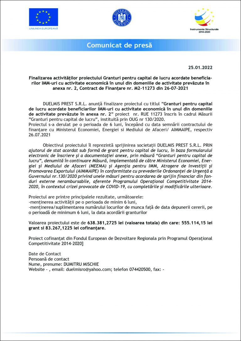 Comunicat de presă DUELMIS PREST S.R.L.