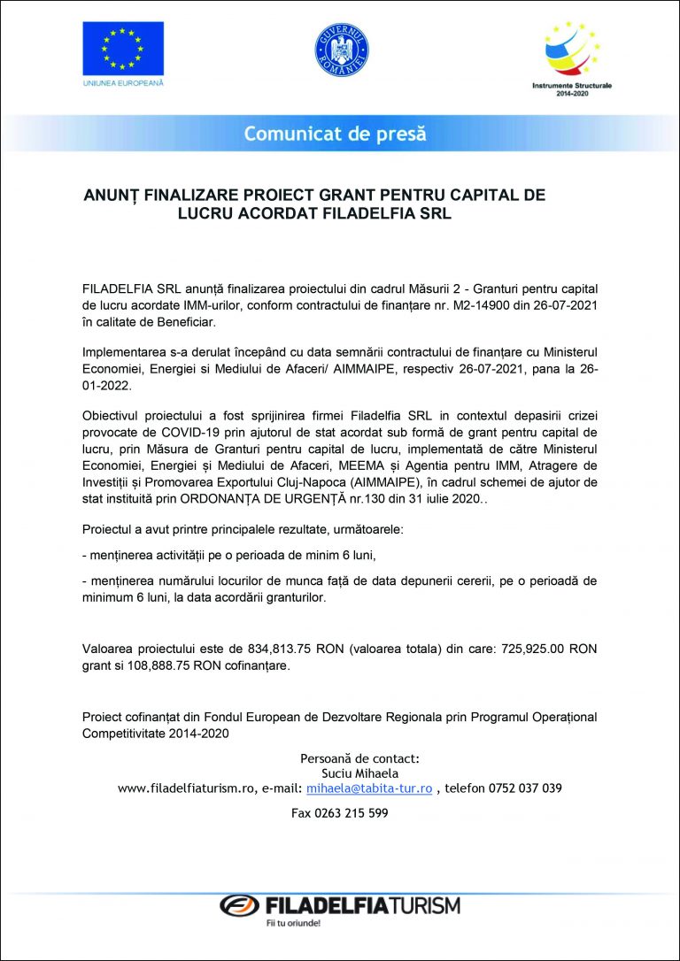 Comunicat de presă FILADELFIA SRL